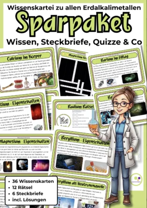 Titelbild: Erdalkalimetalle-Sparpaket Wissenskartei mit Steckbrief-Aufgaben und Rätseln