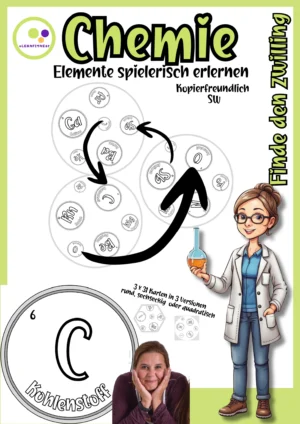 Cover des Chemie-Spiels Finde den Zwilling mit schwarz-weißen Elementsymbolen und drei Kartenformen