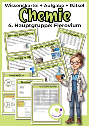 Deckblatt der Flerovium-Wissenskartei mit Karten, Steckbrief und Rätseln zur 4. Hauptgruppe im Chemieunterricht