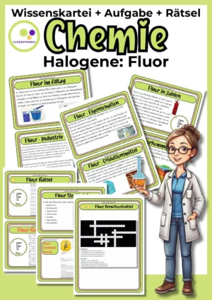 Titelblatt der Fluor-Wissenskartei mit 6 Wissenskarten, Steckbrief und Rätseln