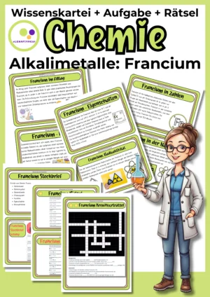 Deckblatt der Francium-Wissenskartei mit Steckbrief und Rätseln zur 1. Hauptgruppe im Chemieunterricht