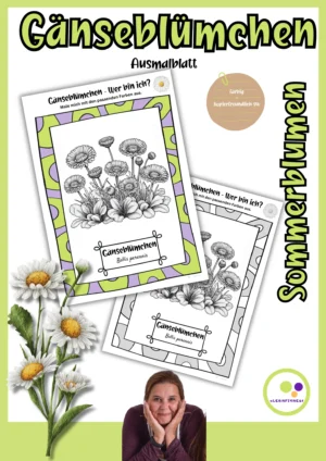Deckblatt der Gänseblümchen-Ausmalbilder in Farbe und Schwarz-Weiß