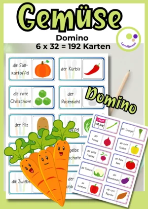 Deckblatt des Gemüse-Dominos mit sechs Kartensätzen und insgesamt 192 Karten