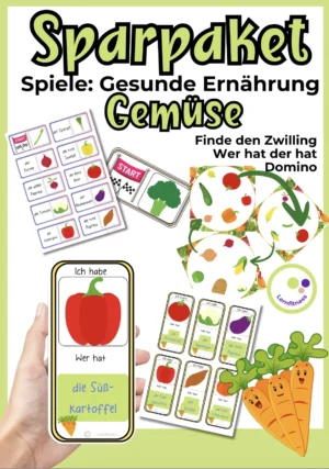 Cover des Gemüse-Sparpakets mit Domino, Ich habe wer hat, Finde den Zwilling und Sonnenblumen-Ausmalbild