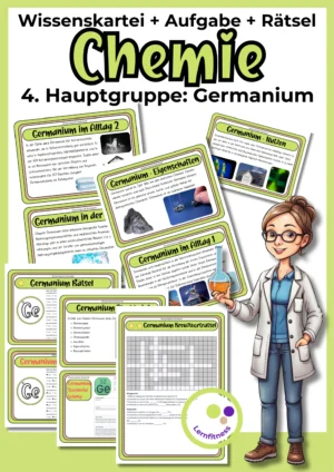 Deckblatt der Germanium-Wissenskartei mit Karten, Steckbrief und Rätseln zur 4. Hauptgruppe im Chemieunterricht