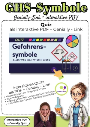 Cover des interaktiven GHS-Quiz mit Genially-Link und PDF für Chemie Klasse 7–8