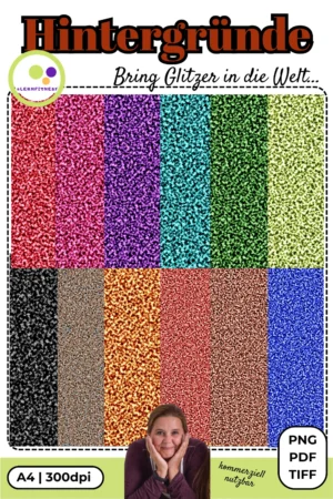 Originalcover mit zwölf farbigen Glitzer-Hintergründen, von Hand in Procreate gestaltet