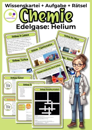 Deckblatt der Helium-Wissenskartei mit Steckbrief und Rätseln zur 8. Hauptgruppe im Chemieunterricht