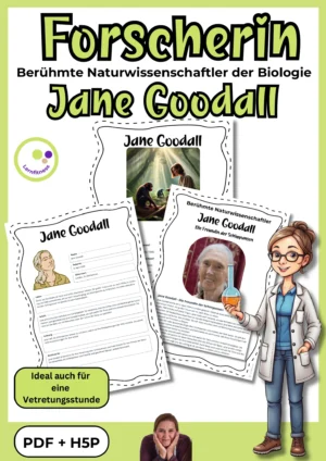 Titelblatt des Biologie-Forschermaterials über Jane Goodall und Schimpansen