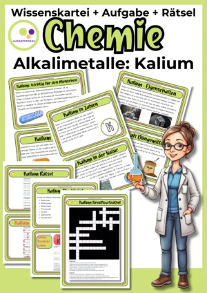 Deckblatt der Kalium-Wissenskartei mit Steckbrief und Rätseln zur 1. Hauptgruppe im Chemieunterricht