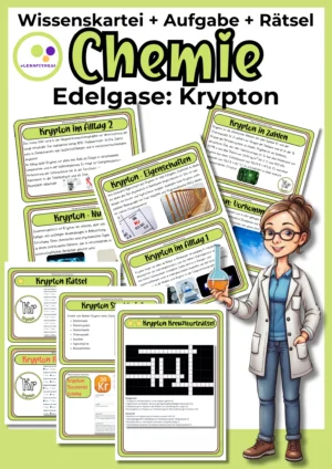 Deckblatt der Krypton-Wissenskartei mit Steckbrief und Rätseln zur 8. Hauptgruppe im Chemieunterricht