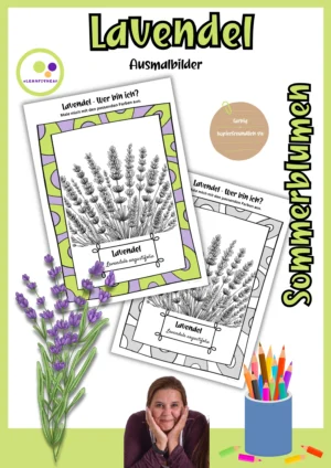Deckblatt der Lavendel-Ausmalbilder mit farbigem und schwarz-weißem Rahmen, Lavandula angustifolia