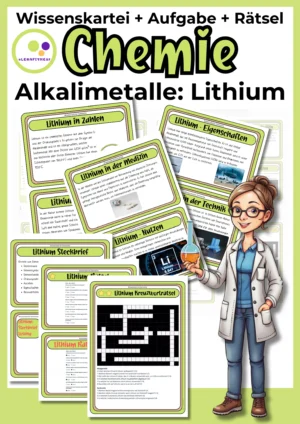 Deckblatt der Lithium-Wissenskartei mit Steckbrief und Rätseln zur 1. Hauptgruppe im Chemieunterricht