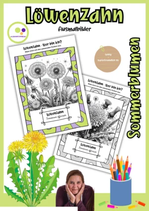 Deckblatt der Löwenzahn und Pusteblume-Ausmalbilder, Taraxacum officinale, farbig und kopierfreundlich schwarz-weiß
