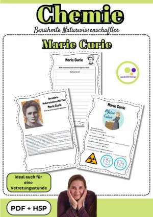 Titelblatt des Forschermaterials über Marie Curie für Chemie und Physik