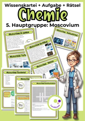 Deckblatt der Moscovium-Wissenskartei mit Karten, Steckbrief und Rätseln zur 5. Hauptgruppe im Chemieunterricht