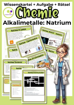 Deckblatt der Natrium-Wissenskartei mit Steckbrief und Rätseln zur 1. Hauptgruppe im Chemieunterricht