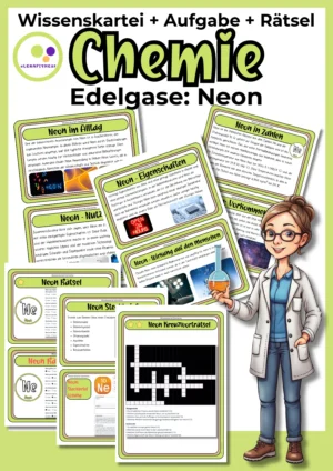 Deckblatt der Neon-Wissenskartei mit Steckbrief und Rätseln zur 8. Hauptgruppe im Chemieunterricht