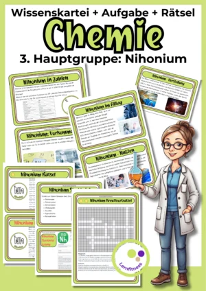 Deckblatt der Nihonium-Wissenskartei mit Karten, Steckbrief und Rätseln zur 3. Hauptgruppe im Chemieunterricht