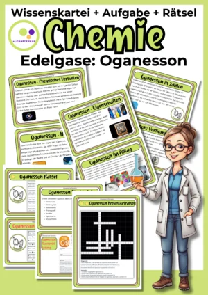 Deckblatt der Oganesson-Wissenskartei mit Steckbrief und Rätseln zur 8. Hauptgruppe im Chemieunterricht