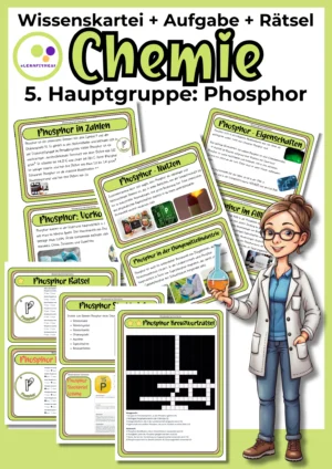 Deckblatt der Phosphor-Wissenskartei mit Karten, Steckbrief und Rätseln zur 5. Hauptgruppe im Chemieunterricht