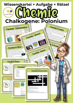 Deckblatt der Polonium-Wissenskartei mit Steckbrief und Rätseln zur 6. Hauptgruppe im Chemieunterricht