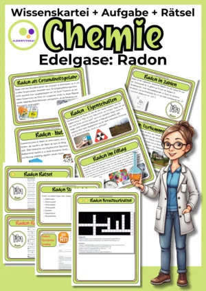 Deckblatt der Radon-Wissenskartei mit Steckbrief und Rätseln zur 8. Hauptgruppe im Chemieunterricht
