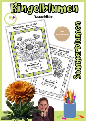 Deckblatt der Ringelblume-Ausmalbilder in Farbe und Schwarz-Weiß