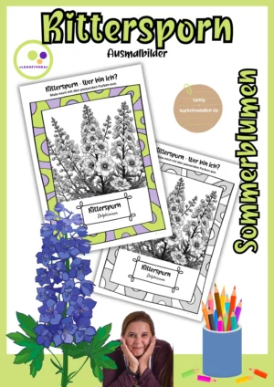 Deckblatt der Rittersporn-Ausmalbilder mit farbigem und schwarz-weißem Rahmen, Delphinium