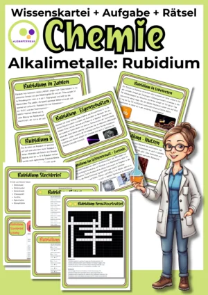 Deckblatt der Rubidium-Wissenskartei mit Steckbrief und Rätseln zur 1. Hauptgruppe im Chemieunterricht