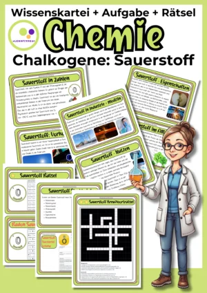 Deckblatt der Sauerstoff-Wissenskartei mit Steckbrief und Rätseln zur 6. Hauptgruppe im Chemieunterricht