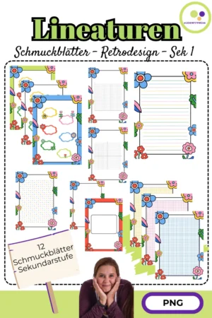 Deckblatt der Retro-Schmuckblätter für die Sekundarstufe mit Schreiblinien, Kästchen und Wolkenfeldern
