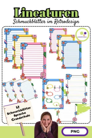 Deckblatt mit zwölf blumigen Retro-Schmuckblättern und farbigen Schreiblineaturen für die Grundschule