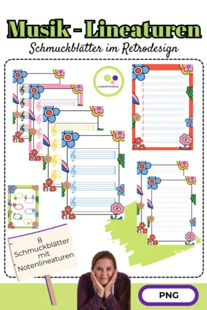 Deckblatt der Retro-Schmuckblätter für Musik mit farbigen Notenlineaturen und Blumenrahmen