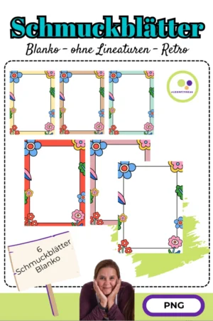 Deckblatt mit sechs blumigen Retro-Schmuckblättern ohne Lineatur in verschiedenen Farben