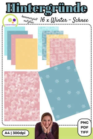 Cover mit 16 handgestalteten Schneeflocken-Hintergründen in vier Farben und Mustern