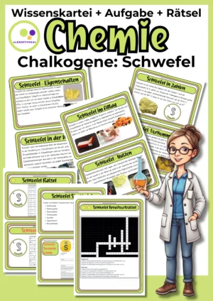 Deckblatt der Schwefel-Wissenskartei mit Steckbrief und Rätseln zur 6. Hauptgruppe im Chemieunterricht