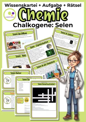 Deckblatt der Selen-Wissenskartei mit Steckbrief und Rätseln zur 6. Hauptgruppe im Chemieunterricht