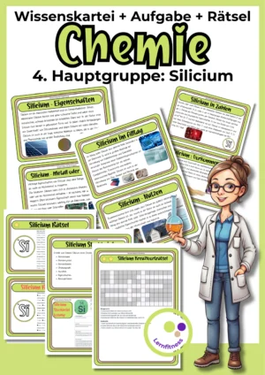 Deckblatt der Silicium-Wissenskartei mit Karten, Steckbrief und Rätseln zur 4. Hauptgruppe im Chemieunterricht