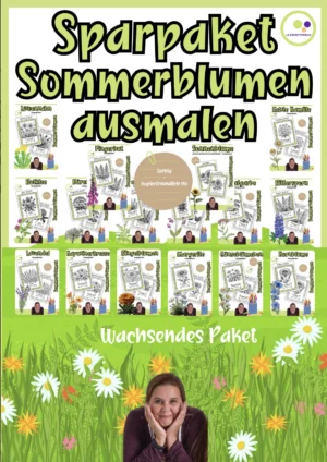 Cover des Sommerblumen-Ausmalpakets mit 16 Pflanzenmaterialien und Ausmalvorlagen