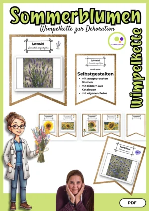 Cover der Sommerblumen-Wimpelkette mit bebilderten Wimpeln und 16 Pflanzenarten