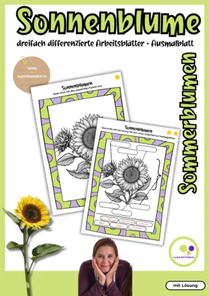 Cover der Sonnenblumen-Arbeitsblätter mit Ausmalbild und Beschriftungsaufgabe