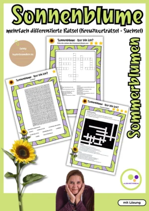 Deckblatt des Sonnenblumenmaterials mit Kreuzwort- und Wortsuchrätseln