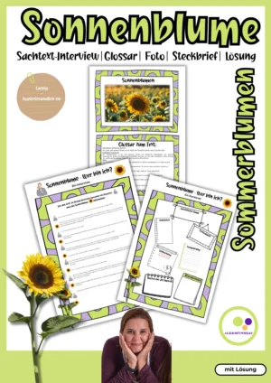 Deckblatt des Sonnenblumenmaterials mit Interview, Glossar und Steckbrief