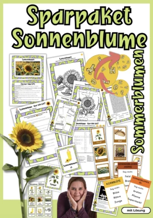Cover des Sonnenblumen-Materialpakets mit Arbeitsblättern, Karten, Rätseln und Spielen