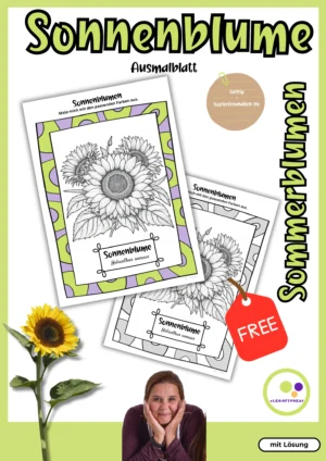 Deckblatt des kostenlosen Sonnenblumen-Ausmalbilds mit zwei Druckfassungen