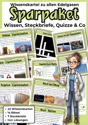 Cover des Edelgase-Sparpakets mit Wissenskarten zu Helium bis Oganesson, 42 Karten, 14 Rätseln und 7 Steckbriefen