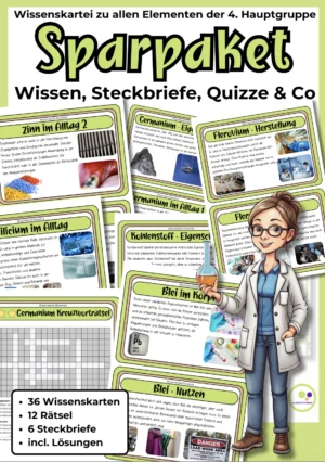 Originales Cover des Sparpakets zur 4. Hauptgruppe mit Wissenskarten zu Kohlenstoff, Silicium, Germanium, Zinn, Blei und Flerovium
