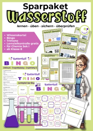 Cover des Wasserstoff-Sparpakets mit Wissenskartei, Bingo, TRIMONO und Lernzielkontrolle