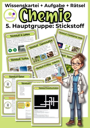 Deckblatt der Stickstoff-Wissenskartei mit Karten, Steckbrief und Rätseln zur 5. Hauptgruppe im Chemieunterricht
